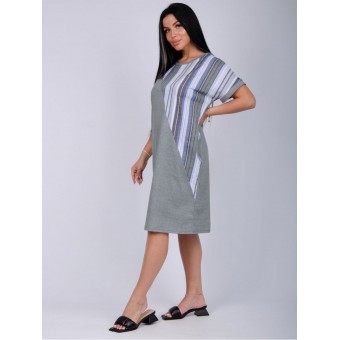 Платье  женское       из кулирки     с коротким рукавом  Голубой, Серый  Полоска
