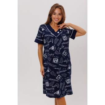 Туника  женская       из кулирки     с коротким рукавом  синяя  Надписи