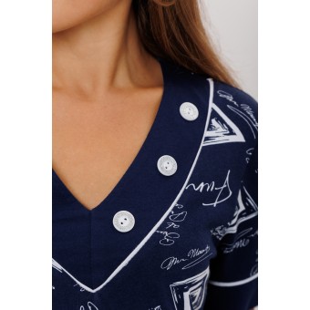 Туника  женская       из кулирки     с коротким рукавом  синяя  Надписи