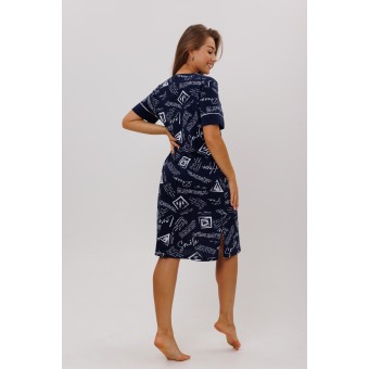 Туника  женская       из кулирки     с коротким рукавом  синяя  Надписи