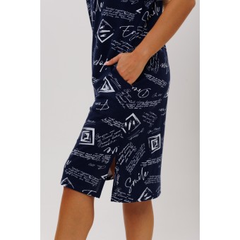 Туника  женская       из кулирки     с коротким рукавом  синяя  Надписи