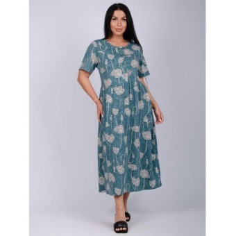 Платье  женское       из кулирки   на пуговицах  с коротким рукавом  зеленое  Цветы   