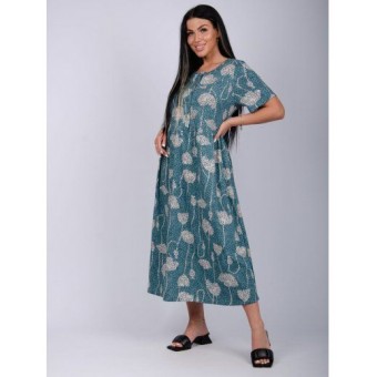 Платье  женское       из кулирки   на пуговицах  с коротким рукавом  зеленое  Цветы   
