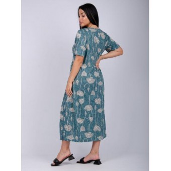 Платье  женское       из кулирки   на пуговицах  с коротким рукавом  зеленое  Цветы   