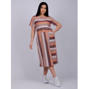 Платье  женское       из кулирки     с коротким рукавом  коричневое  Полоска   