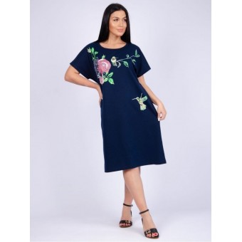 Платье  женское       из кулирки     с коротким рукавом  синее  Цветы