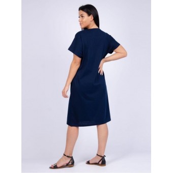 Платье  женское       из кулирки     с коротким рукавом  синее  Цветы