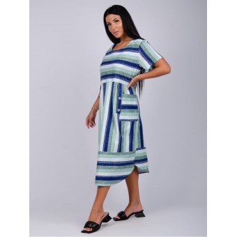 Платье  женское       из кулирки     с коротким рукавом  Зеленый, Синий  Полоска