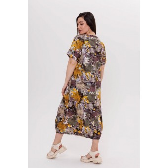 Платье  женское       из кулирки     с коротким рукавом  Коричневый, Оранжевый  Принт   