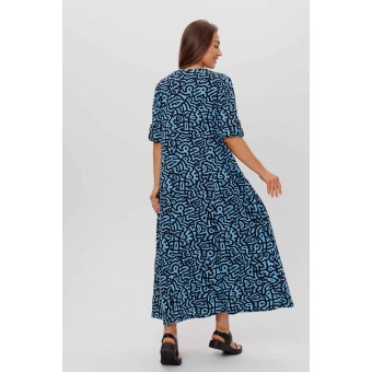 Платье  женское       из кулирки     с коротким рукавом  синее  Орнамент
