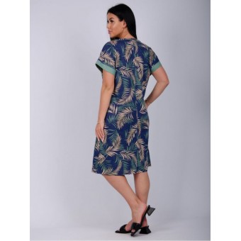 Туника  женская       из кулирки     с коротким рукавом  Зеленый, Синий  Листья   