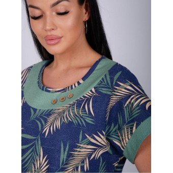 Туника  женская       из кулирки     с коротким рукавом  Зеленый, Синий  Листья   
