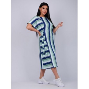 Платье  женское       из кулирки     с коротким рукавом  Голубой, Зеленый  Полоска