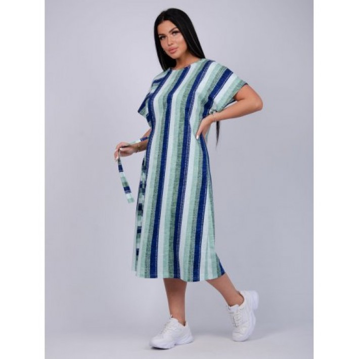 Платье женское из кулирки с коротким рукавом Голубой, Зеленый Полоска