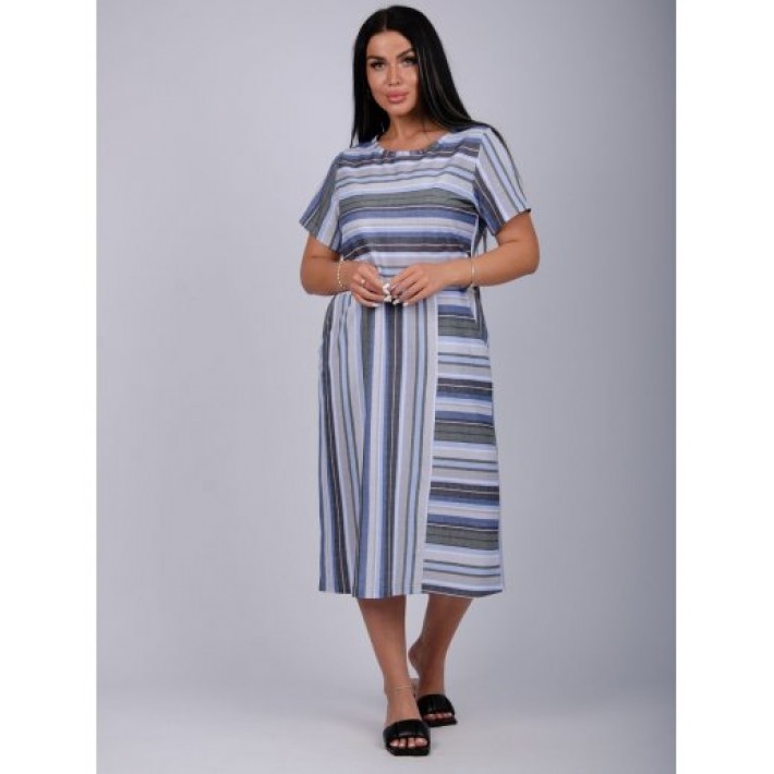 Платье женское из кулирки с коротким рукавом Зеленый, Синий Полоска
