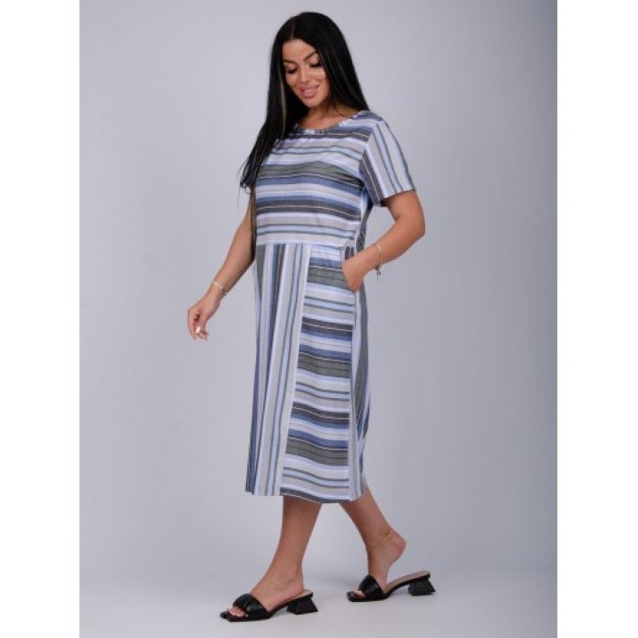 Платье женское из кулирки с коротким рукавом Зеленый, Синий Полоска