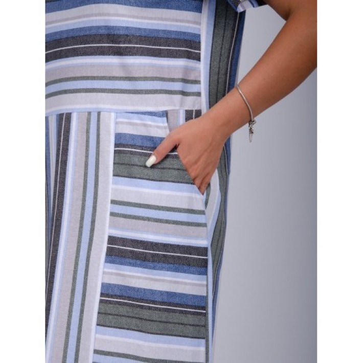 Платье женское из кулирки с коротким рукавом Зеленый, Синий Полоска