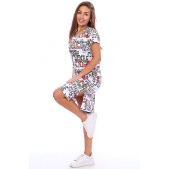 Туника  женская       из кулирки     с коротким рукавом  белая  Надписи   