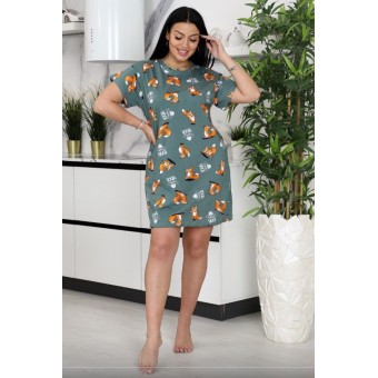 Туника  женская       из кулирки     с коротким рукавом  зеленая  Животные   