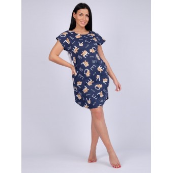 Туника  женская       из кулирки     с коротким рукавом  синяя  Животные   