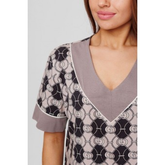Туника  женская       из кулирки     с коротким рукавом  бежевая  Принт   