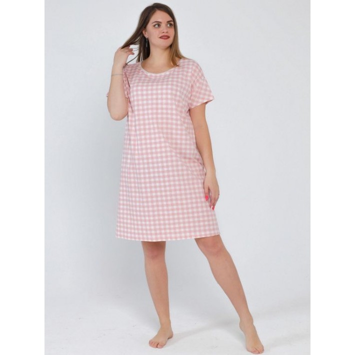 Туника женская из кулирки с коротким рукавом розовая Клетка