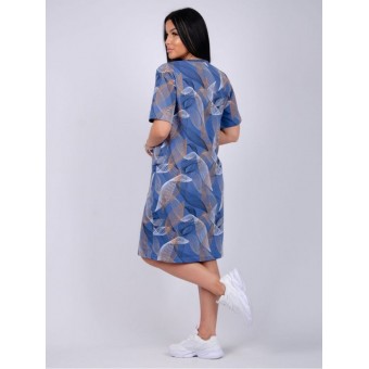 Туника  женская       из кулирки     с коротким рукавом  синяя  Надписи