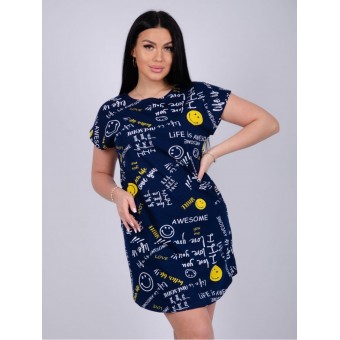Туника  женская       из кулирки     с коротким рукавом  синяя  Надписи   