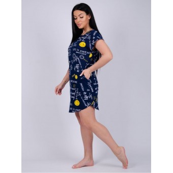 Туника  женская       из кулирки     с коротким рукавом  синяя  Надписи   