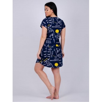 Туника  женская       из кулирки     с коротким рукавом  синяя  Надписи   