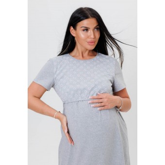 Туника  женская       из кулирки     с коротким рукавом  серая  Цветы