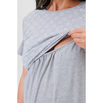 Туника  женская       из кулирки     с коротким рукавом  серая  Цветы