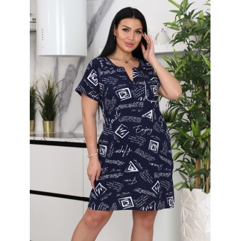 Туника  женская       из кулирки     с коротким рукавом  синяя  Надписи   