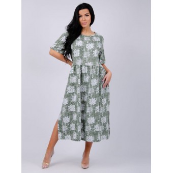 Платье  женское       из кулирки     с коротким рукавом  зеленое  Цветы   