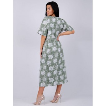Платье  женское       из кулирки     с коротким рукавом  зеленое  Цветы