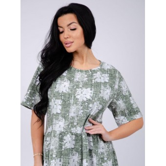 Платье  женское       из кулирки     с коротким рукавом  зеленое  Цветы