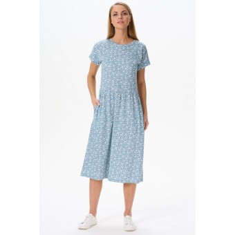 Платье  женское       из кулирки     с коротким рукавом  голубое  Цветы