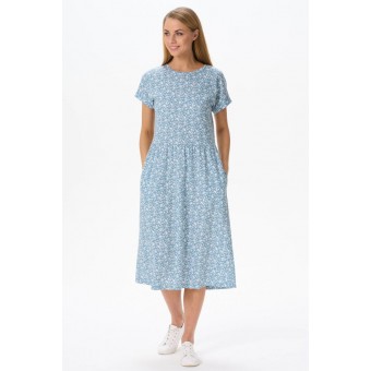 Платье  женское       из кулирки     с коротким рукавом  голубое  Цветы