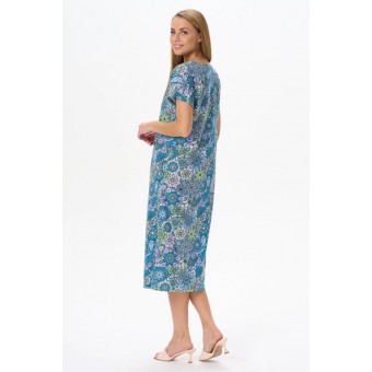 Платье  женское       трикотажное     с коротким рукавом  Зеленый, Синий  Цветы   