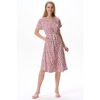 Платье  женское       трикотажное     с коротким рукавом  бежевое  Цветы