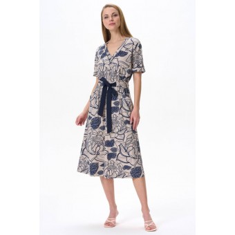 Платье  женское       трикотажное     с коротким рукавом  Бежевый, Синий  Цветы