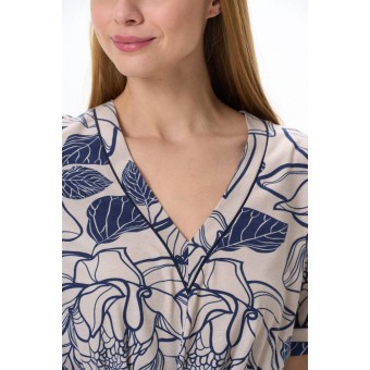 Платье  женское       трикотажное     с коротким рукавом  Бежевый, Синий  Цветы