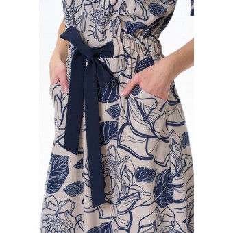 Платье  женское       трикотажное     с коротким рукавом  Бежевый, Синий  Цветы