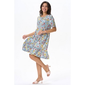 Платье  женское       Штапель     с коротким рукавом  голубое  Цветы