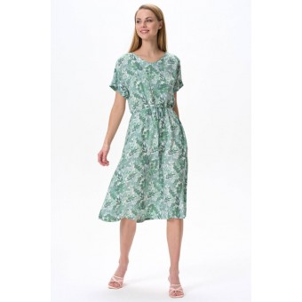 Платье  женское       Штапель     с коротким рукавом  зеленое  Листья