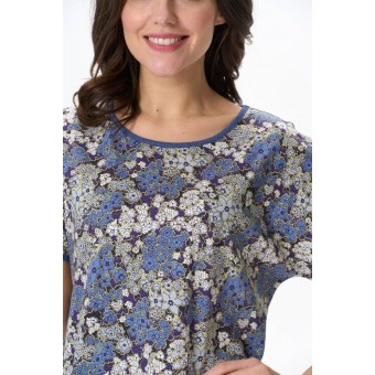 Платье  женское       трикотажное     с коротким рукавом  синее  Цветы