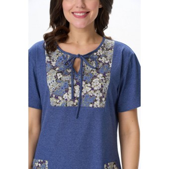 Платье  женское       Пенье     с коротким рукавом  синее  Цветы   