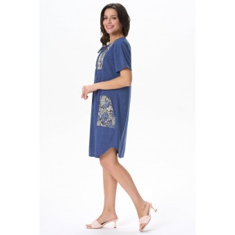 Платье  женское       Пенье     с коротким рукавом  синее  Цветы   