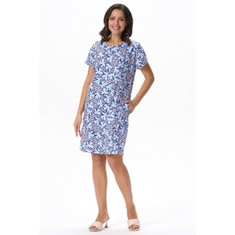 Платье  женское       трикотажное     с коротким рукавом  синее  Цветы