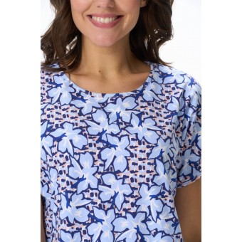 Платье  женское       трикотажное     с коротким рукавом  синее  Цветы